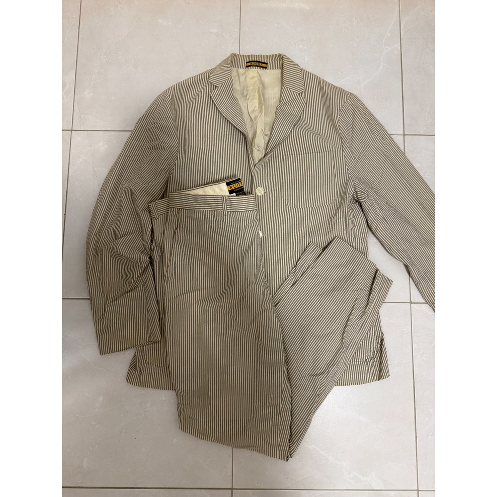 Rugby Ralph Lauren Striped Suit Set Jacket L Pants 34x32 Tan White AS IS